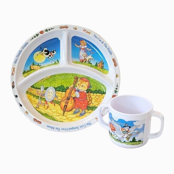 Zak Designs Nursery Rhyme "Hey, Diddle, Diddle" Children's  Melamine Plate & Cup - Picture 1 of 11